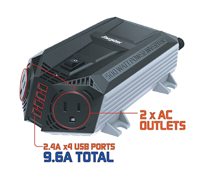 Energizer 500 Watt Power Inverter 12V DC to AC Plus 4 x 2.4A USB Charging Ports Total 9.6A