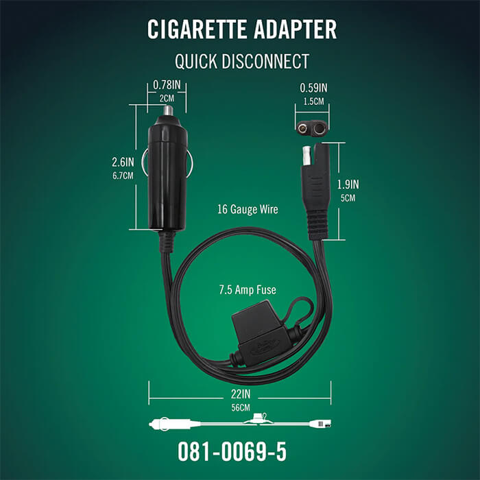 Battery Tender Quick Disconnect 12V Outlet Adapter Cable - Cigarette Plug 22" SAE 7.5A Fuse (081-0069-5)