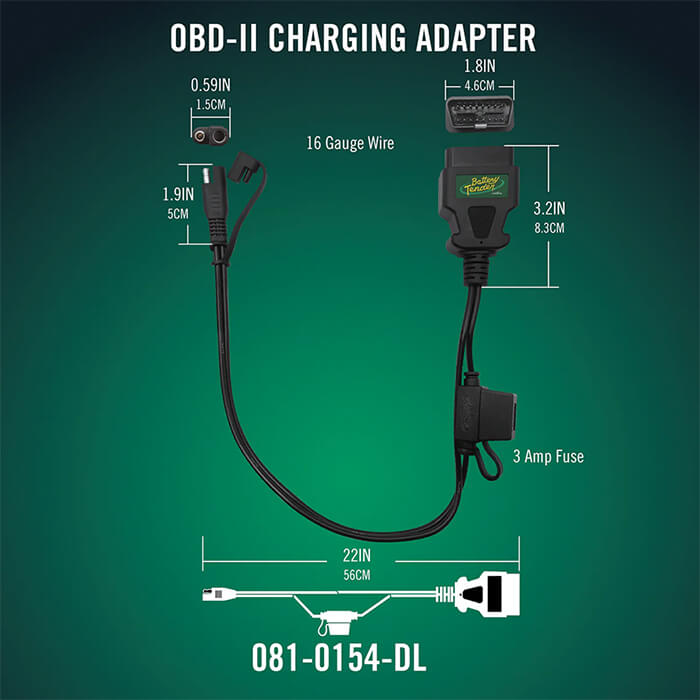 Battery Tender OBDII Quick Disconnect Adapter Cable - 22 Inch 12V Charging Solar Compatible (081-0154-DL)