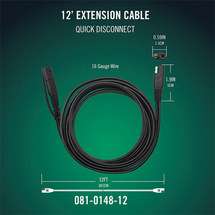 Battery Tender Quick Disconnect 12 Foot Extension Cable - for Battery Chargers 750mA to 5 AMPs (081-0148-12)
