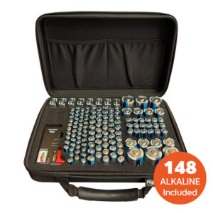Flipo Battery Storage Case, Filled with 148 Alkaline Batteries and Tester, Large – Black (B-CASELG-BK-WES)