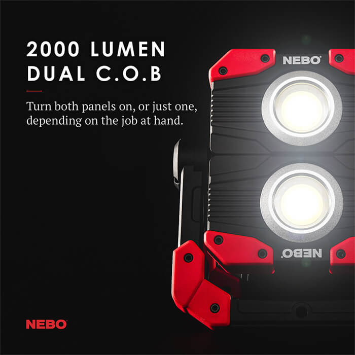 NEBO OMNI 2K 2000 Lumen Rechargeable Work Light with Rotating COB Panels, Magnetic Handles, Power Bank (NEB-WLT-0015)